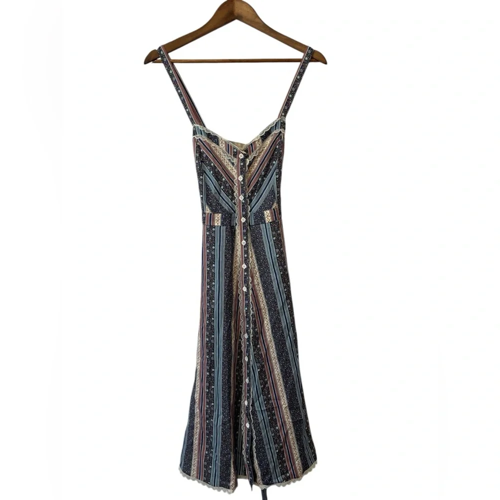 Reformation The Heidi Sandalwood Dress Size 8 Lace Trim Cottagecore Striped Boho - Picture 3 of 8